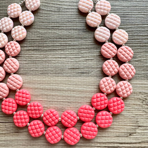 White Blush Magenta Pink Ombre Necklace, Double strand jewelry, big beaded chunky statement, white earrings bead set