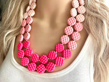 Load image into Gallery viewer, White Blush Magenta Pink Ombre Necklace, Double strand jewelry, big beaded chunky statement, white earrings bead set