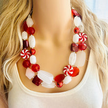 Load image into Gallery viewer, Christmas Candy Cane Necklace, Red &amp; White stripe Holiday Jewelry, Christmas Jewelry, candy Beaded Gift Christmas Present