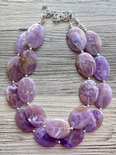 Load image into Gallery viewer, Purple Statement Necklace, Double Strand Chunky Beaded Necklace, purple Jewelry, Spring Jewelry, purple Necklace, swirl brown beaded