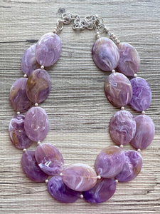 Purple Statement Necklace, Double Strand Chunky Beaded Necklace, purple Jewelry, Spring Jewelry, purple Necklace, swirl brown beaded