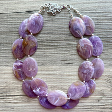 Load image into Gallery viewer, Purple Statement Necklace, Double Strand Chunky Beaded Necklace, purple Jewelry, Spring Jewelry, purple Necklace, swirl brown beaded