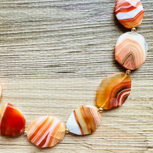 Natural Striped carnelian Beaded 1 strand Statement Necklace, Chunky Bib Single Light orange stone jewelry, gemstone layering red cream gold