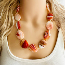 Load image into Gallery viewer, Natural Striped carnelian Beaded 1 strand Statement Necklace, Chunky Bib Single Light orange stone jewelry, gemstone layering red cream gold