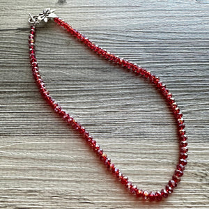 Red Sparkle Jewel Statement Necklace, Chunky 1 Strand Jewelry, fall necklace layering bib beaded thin collar rhinestone glass maroon deep