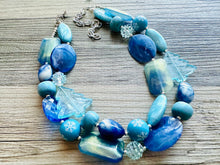 Load image into Gallery viewer, Blue December Beaded Necklace, 2 strand Chunky statement necklace, big beaded necklace jewelry, Aqua sparkle silver statement