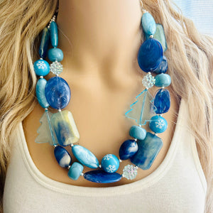 Blue December Beaded Necklace, 2 strand Chunky statement necklace, big beaded necklace jewelry, Aqua sparkle silver statement