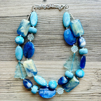 Blue December Beaded Necklace, 2 strand Chunky statement necklace, big beaded necklace jewelry, Aqua sparkle silver statement