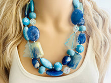 Load image into Gallery viewer, Blue December Beaded Necklace, 2 strand Chunky statement necklace, big beaded necklace jewelry, Aqua sparkle silver statement