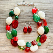 Load image into Gallery viewer, Christmas Necklace, Red Green Holiday Jewelry, Christmas Jewelry, Gold Jewelry, Beaded Gift winter stocking stuffer dressy dress Present