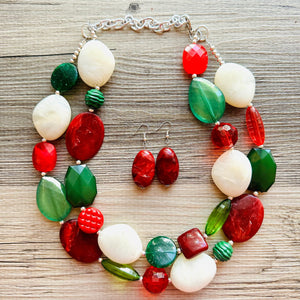 Christmas Necklace, Red Green Holiday Jewelry, Christmas Jewelry, Gold Jewelry, Beaded Gift winter stocking stuffer dressy dress Present