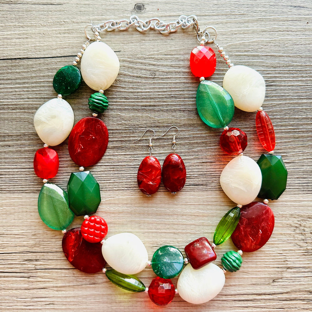 Christmas Necklace, Red Green Holiday Jewelry, Christmas Jewelry, Gold Jewelry, Beaded Gift winter stocking stuffer dressy dress Present