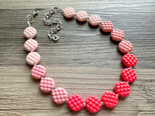 Load image into Gallery viewer, Pink Cardigan Ombre Necklace, single strand jewelry, big beaded chunky statement, blush pink earrings bead set dark hot pink quilted