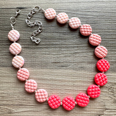 Pink Cardigan Ombre Necklace, single strand jewelry, big beaded chunky statement, blush pink earrings bead set dark hot pink quilted