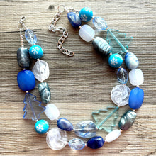 Load image into Gallery viewer, Blue Holiday Wonderland Chunky Statement Necklace, Big beaded jewelry, Double Strand Statement Necklace, Bib necklace, blue Christmas winter