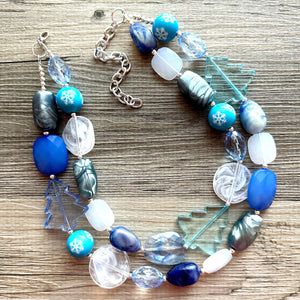 Blue Holiday Wonderland Chunky Statement Necklace, Big beaded jewelry, Double Strand Statement Necklace, Bib necklace, blue Christmas winter