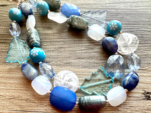 Blue Holiday Wonderland Chunky Statement Necklace, Big beaded jewelry, Double Strand Statement Necklace, Bib necklace, blue Christmas winter