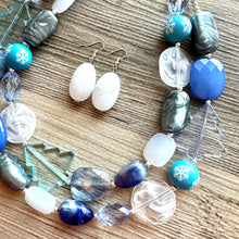 Load image into Gallery viewer, Blue Holiday Wonderland Chunky Statement Necklace, Big beaded jewelry, Double Strand Statement Necklace, Bib necklace, blue Christmas winter