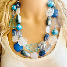 Load image into Gallery viewer, Blue Holiday Wonderland Chunky Statement Necklace, Big beaded jewelry, Double Strand Statement Necklace, Bib necklace, blue Christmas winter
