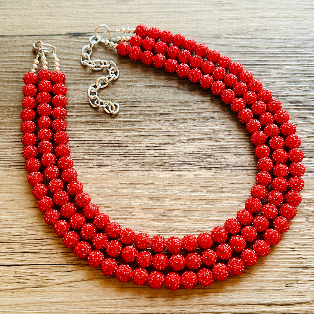 Royal Red Necklace, Red Holiday Jewelry, bright red Jewelry Beaded Christmas Present silver ornament 3 strand rhinestone glass clay necklace