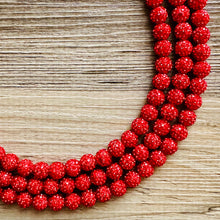 Load image into Gallery viewer, Royal Red Necklace, Red Holiday Jewelry, bright red Jewelry Beaded Christmas Present silver ornament 3 strand rhinestone glass clay necklace