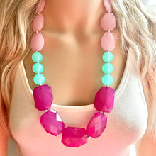 Load image into Gallery viewer, Long Blush Pink Magenta &amp; Mint Big Bead Necklace, Double Strand Statement Jewelry, magenta blush mint green Chunky bib, bridesmaid everyday