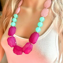 Load image into Gallery viewer, Long Blush Pink Magenta &amp; Mint Big Bead Necklace, Double Strand Statement Jewelry, magenta blush mint green Chunky bib, bridesmaid everyday