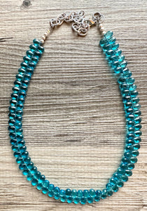 Blue Teal Glass Multi Color Chunky Statement Necklace, rainbow single strand, multi color jewelry, turquoise jewelry single strand jewelry