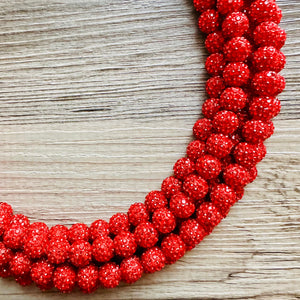 Royal Red Necklace, Red Holiday Jewelry, bright red Jewelry Beaded Christmas Present silver ornament 5 strand rhinestone glass clay necklace