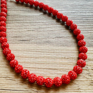 Royal Red Necklace, Red Holiday Jewelry, bright red Jewelry Beaded Christmas Present silver ornament 1 strand rhinestone glass clay necklace