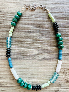 Tropical Everglades Shimmer Single Strand Beaded Statement Necklace, beaded bridesmaid jewelry layering glitter resin white blue green black