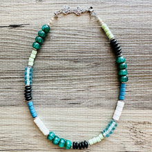 Load image into Gallery viewer, Tropical Everglades Shimmer Single Strand Beaded Statement Necklace, beaded bridesmaid jewelry layering glitter resin white blue green black