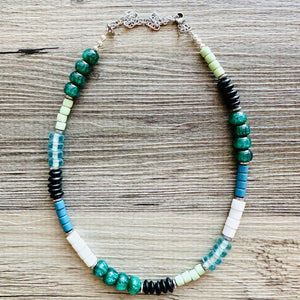 Tropical Everglades Shimmer Single Strand Beaded Statement Necklace, beaded bridesmaid jewelry layering glitter resin white blue green black