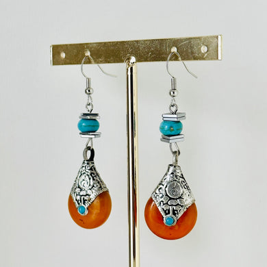 Vintage Dark Orange Drop earrings, silver geometric earrings pierced dangle drop Statement, bridesmaid wedding gift marigold turquoise