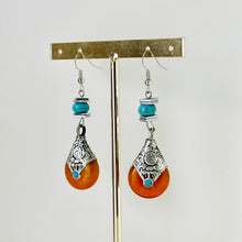 Load image into Gallery viewer, Vintage Dark Orange Drop earrings, silver geometric earrings pierced dangle drop Statement, bridesmaid wedding gift marigold turquoise