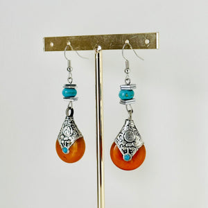 Vintage Dark Orange Drop earrings, silver geometric earrings pierced dangle drop Statement, bridesmaid wedding gift marigold turquoise