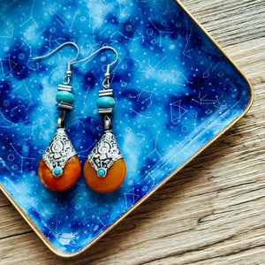Vintage Dark Orange Drop earrings, silver geometric earrings pierced dangle drop Statement, bridesmaid wedding gift marigold turquoise