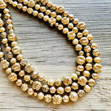 Load image into Gallery viewer, Golden Knot chunky statement necklace, big beaded jewelry, gifts for women bib jewelry Multi-Strand Nugget metallic gold painted mirror