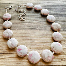 Load image into Gallery viewer, Natural Agate Beaded 1 strand Statement Necklace, Chunky Bib Single Jewelry stone jewelry, gemstone layering gray white pink stone