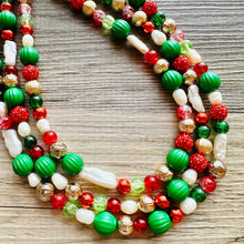 Load image into Gallery viewer, Christmas Sprinkle Necklace, Red white Green Holiday Jewelry, Christmas Jewelry, Red Green Jewelry, Gift pearl Present gold sparkle gemstone