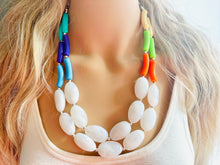 Load image into Gallery viewer, Pink &amp; Green Chunky Statement Necklace, Big beaded jewelry, Double Strand Statement Necklace, bib white necklace, pink green jewelry