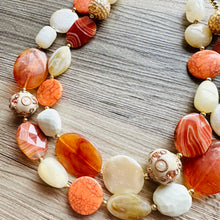 Load image into Gallery viewer, Natural carnelian Beaded 2 strand Statement Necklace, Chunky Bib double Jewelry Light orange stone jewelry, gemstone layering red cream gold