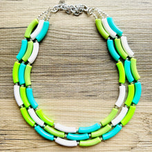 Load image into Gallery viewer, Green Gleam Big Beaded Necklace, chunky emerald necklace white vacation geometric triple 3 strand OOAK lime grass Kelly