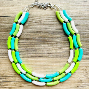 Green Gleam Big Beaded Necklace, chunky emerald necklace white vacation geometric triple 3 strand OOAK lime grass Kelly