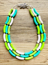 Load image into Gallery viewer, Green Gleam Big Beaded Necklace, chunky emerald necklace white vacation geometric triple 3 strand OOAK lime grass Kelly