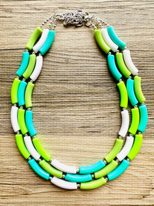 Green Gleam Big Beaded Necklace, chunky emerald necklace white vacation geometric triple 3 strand OOAK lime grass Kelly