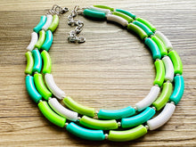 Load image into Gallery viewer, Green Gleam Big Beaded Necklace, chunky emerald necklace white vacation geometric triple 3 strand OOAK lime grass Kelly
