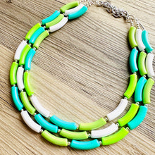 Load image into Gallery viewer, Green Gleam Big Beaded Necklace, chunky emerald necklace white vacation geometric triple 3 strand OOAK lime grass Kelly