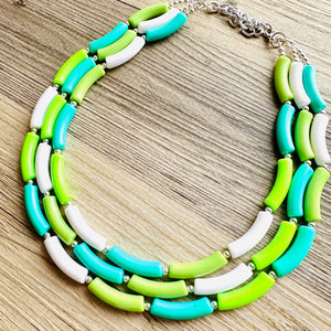 Green Gleam Big Beaded Necklace, chunky emerald necklace white vacation geometric triple 3 strand OOAK lime grass Kelly