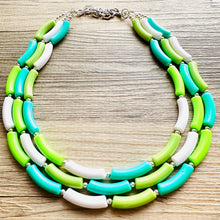 Load image into Gallery viewer, Green Gleam Big Beaded Necklace, chunky emerald necklace white vacation geometric triple 3 strand OOAK lime grass Kelly
